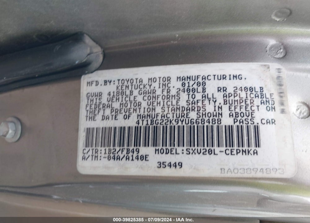 2000 TOYOTA CAMRY LE VIN: 4T1BG22K9YU668488