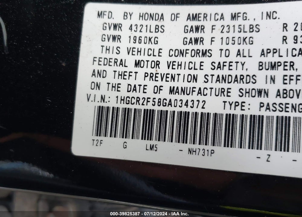 2016 HONDA ACCORD SPORT VIN: 1HGCR2F58GA034372