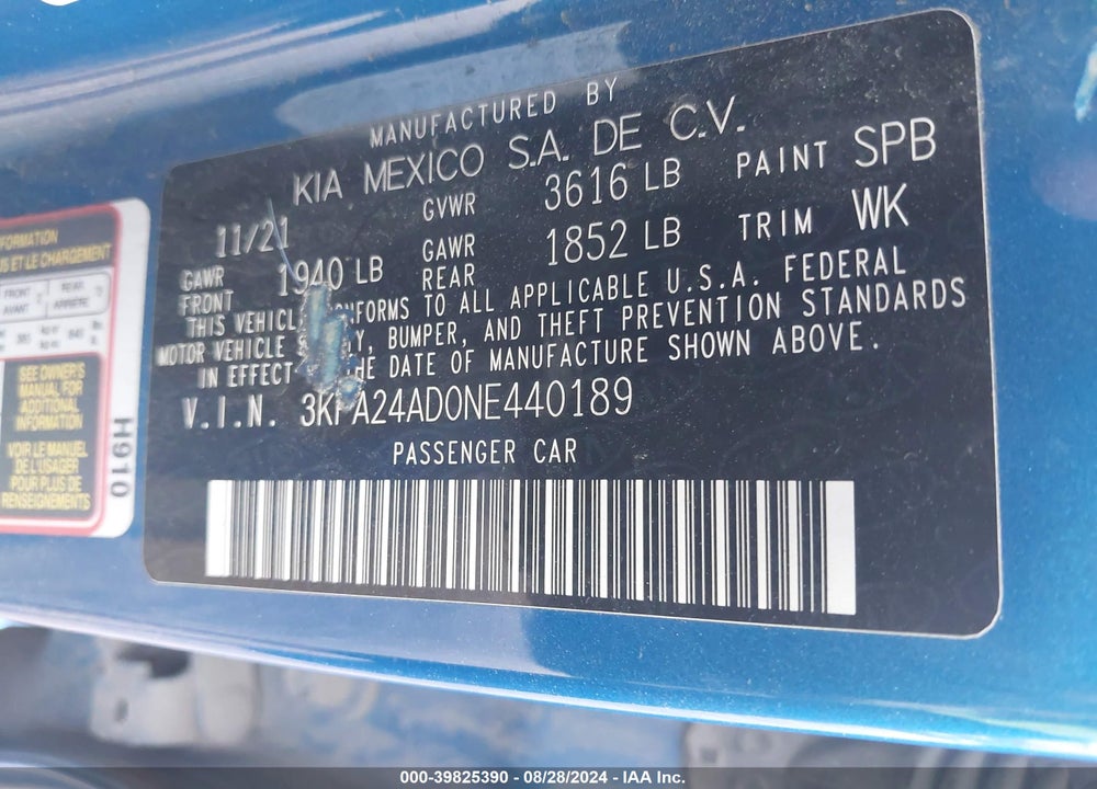 2022 KIA RIO S VIN: 3KPA24AD0NE440189