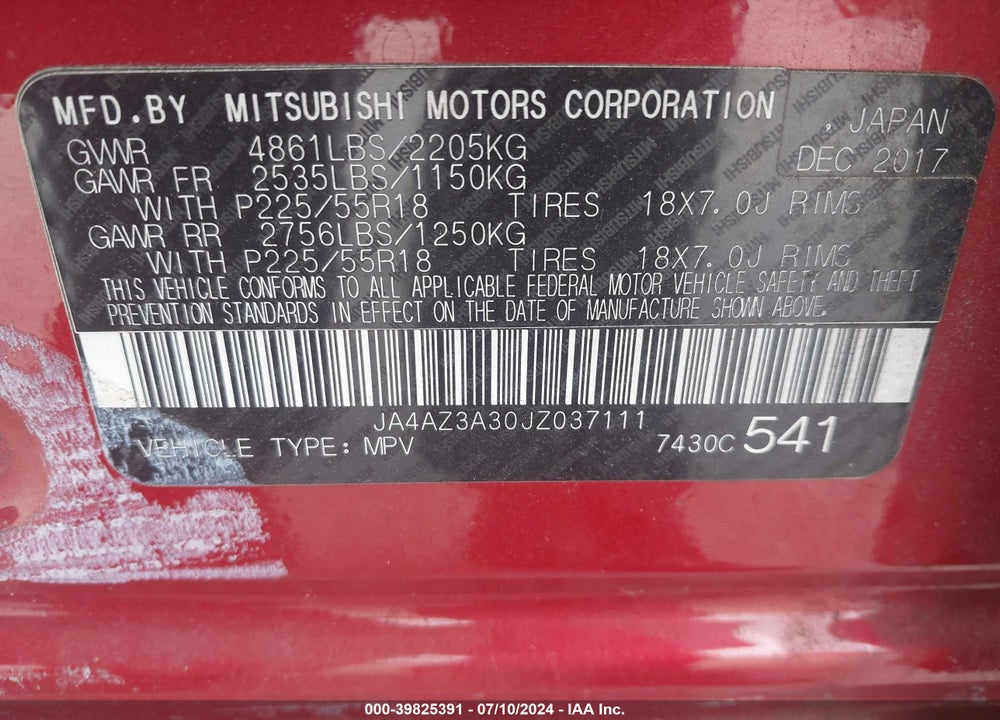2018 MITSUBISHI OUTLANDER ES VIN: JA4AZ3A30JZ037111