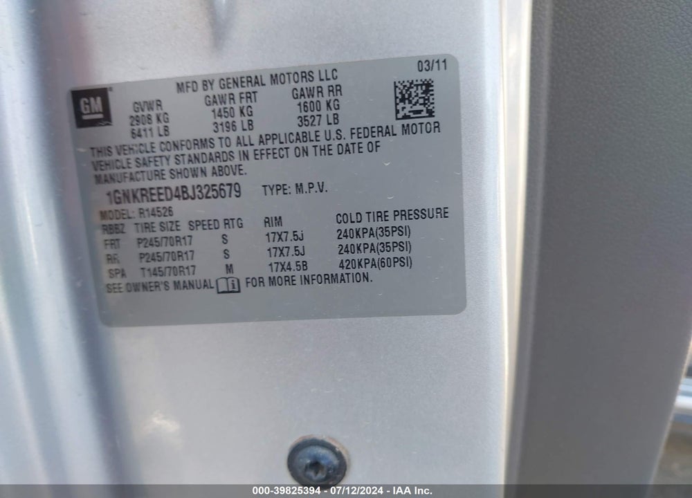 2011 CHEVROLET TRAVERSE LS VIN: 1GNKREED4BJ325679