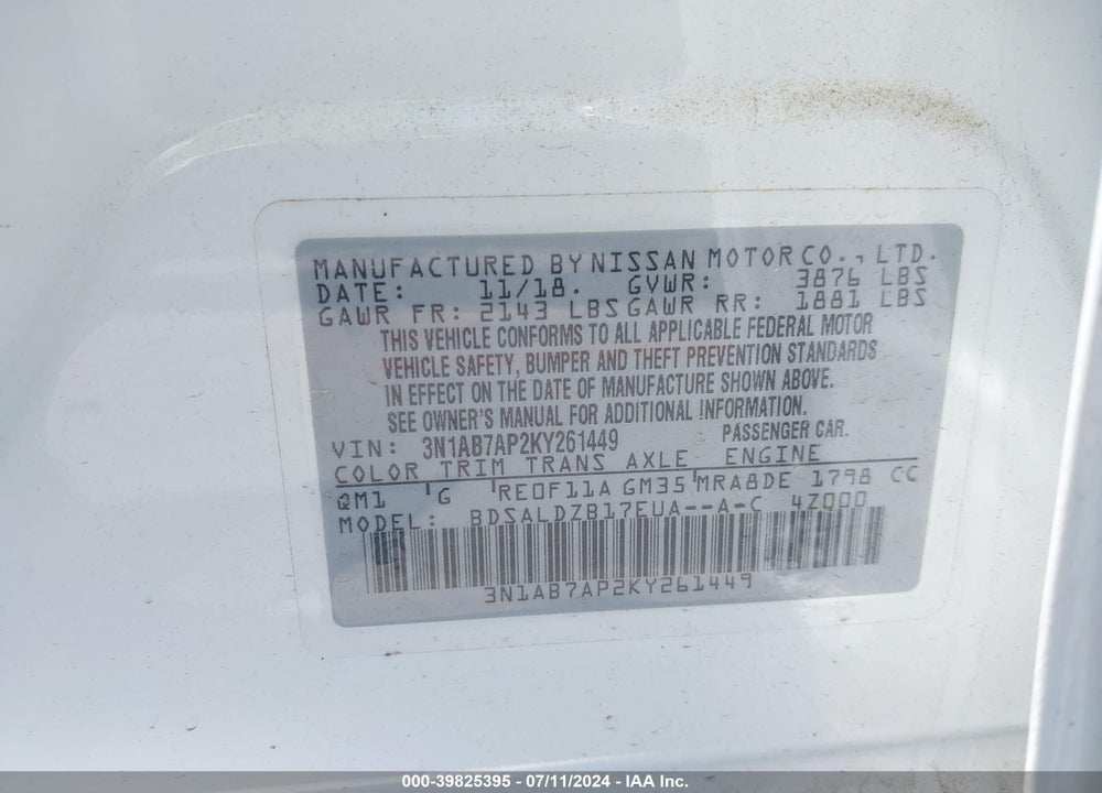2019 NISSAN SENTRA SV VIN: 3N1AB7AP2KY261449
