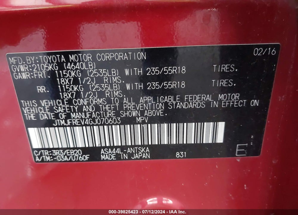 2016 TOYOTA RAV4 SE VIN: JTMJFREV4GJ070603