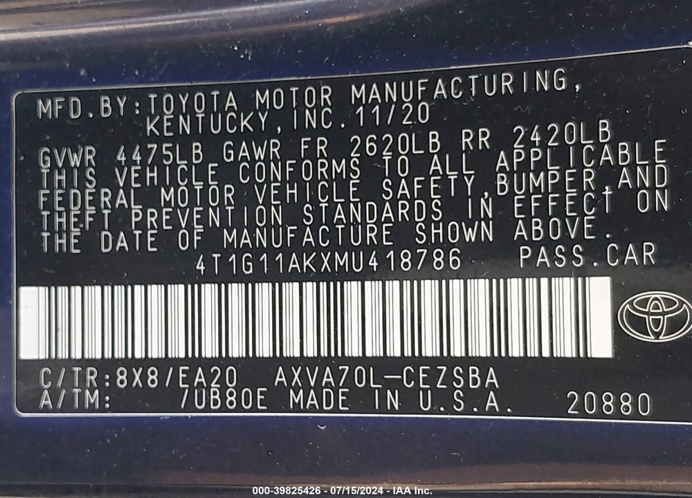 2021 TOYOTA CAMRY SE VIN: 4T1G11AKXMU418786