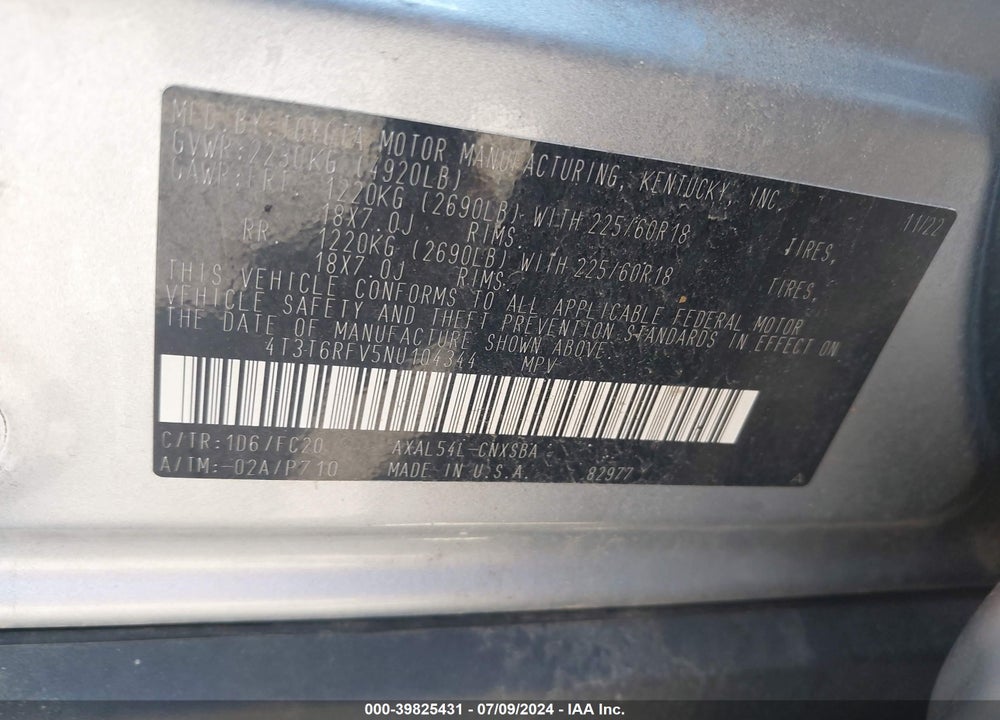 2022 TOYOTA RAV4 HYBRID SE VIN: 4T3T6RFV5NU104344