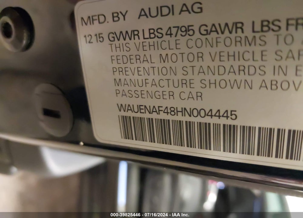 2017 AUDI A4 2.0T PREMIUM VIN: WAUENAF48HN004445