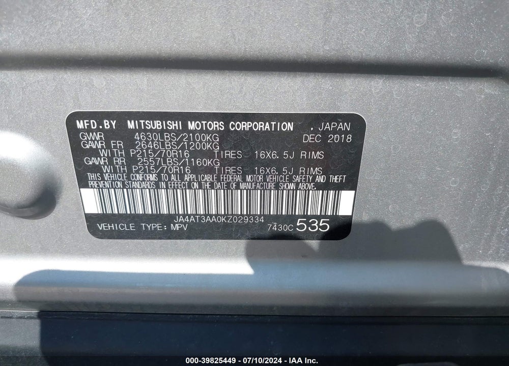 2019 MITSUBISHI ECLIPSE CROSS ES VIN: JA4AT3AA0KZ029334