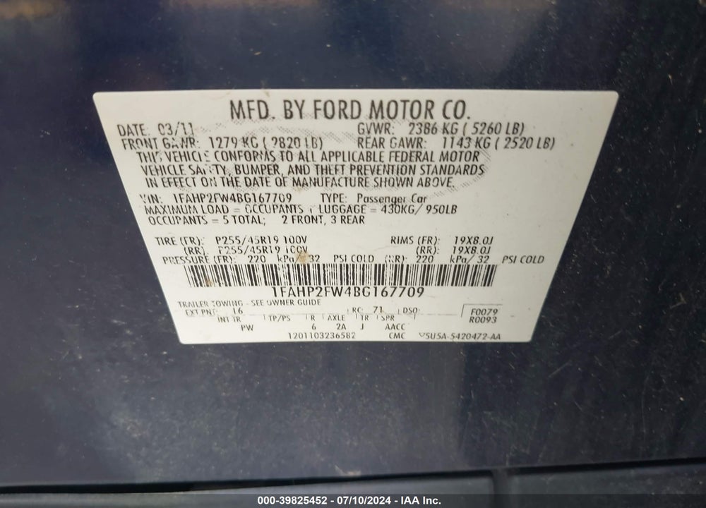 2011 FORD TAURUS LIMITED VIN: 1FAHP2FW4BG167709