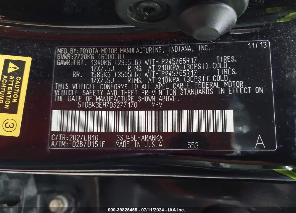 2013 TOYOTA HIGHLANDER SE V6 VIN: 5TDBK3EH7DS277170