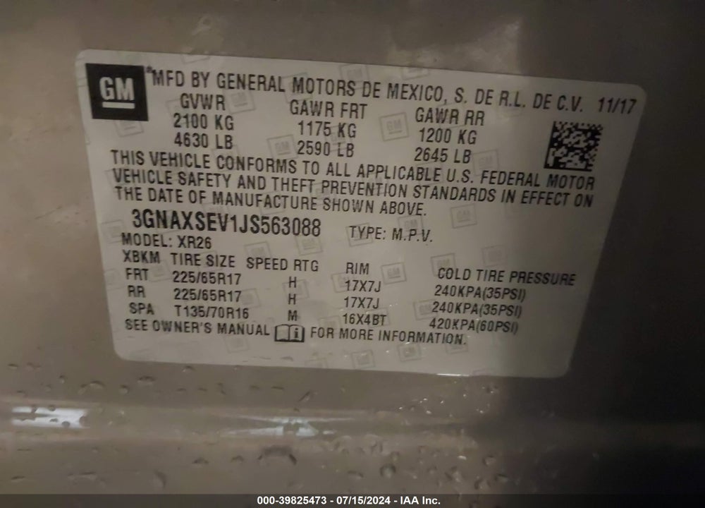 2018 CHEVROLET EQUINOX LT VIN: 3GNAXSEV1JS563088