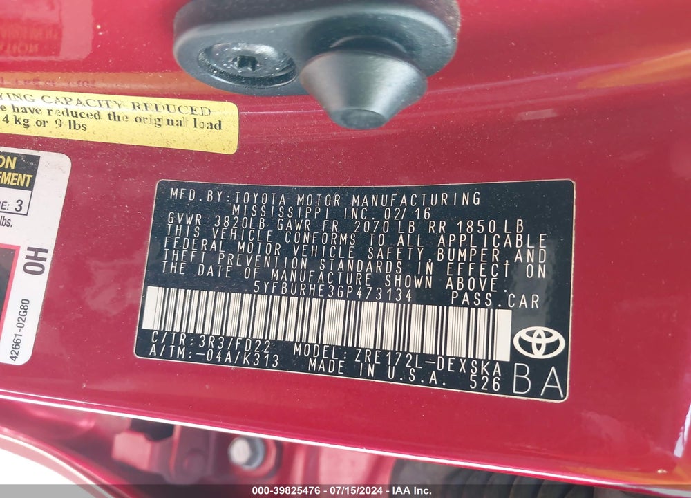 2016 TOYOTA COROLLA S PLUS VIN: 5YFBURHE3GP473134
