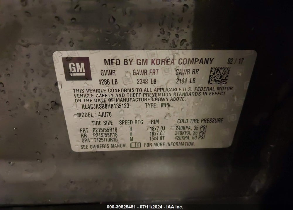 2017 BUICK ENCORE PREFERRED VIN: KL4CJASB8HB135123