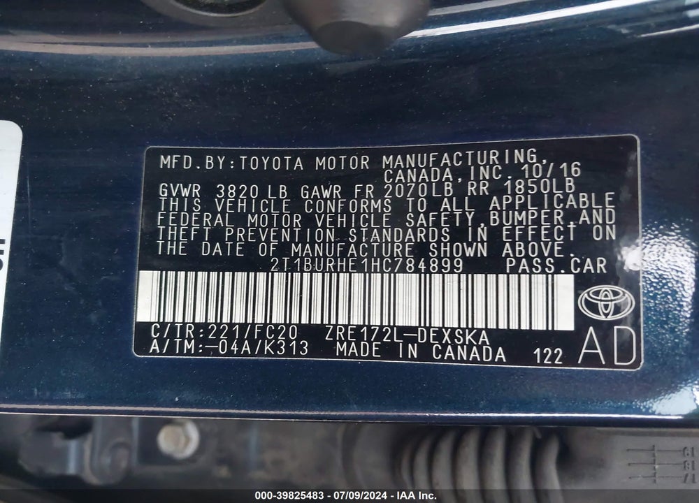 2017 TOYOTA COROLLA SE VIN: 2T1BURHE1HC784899