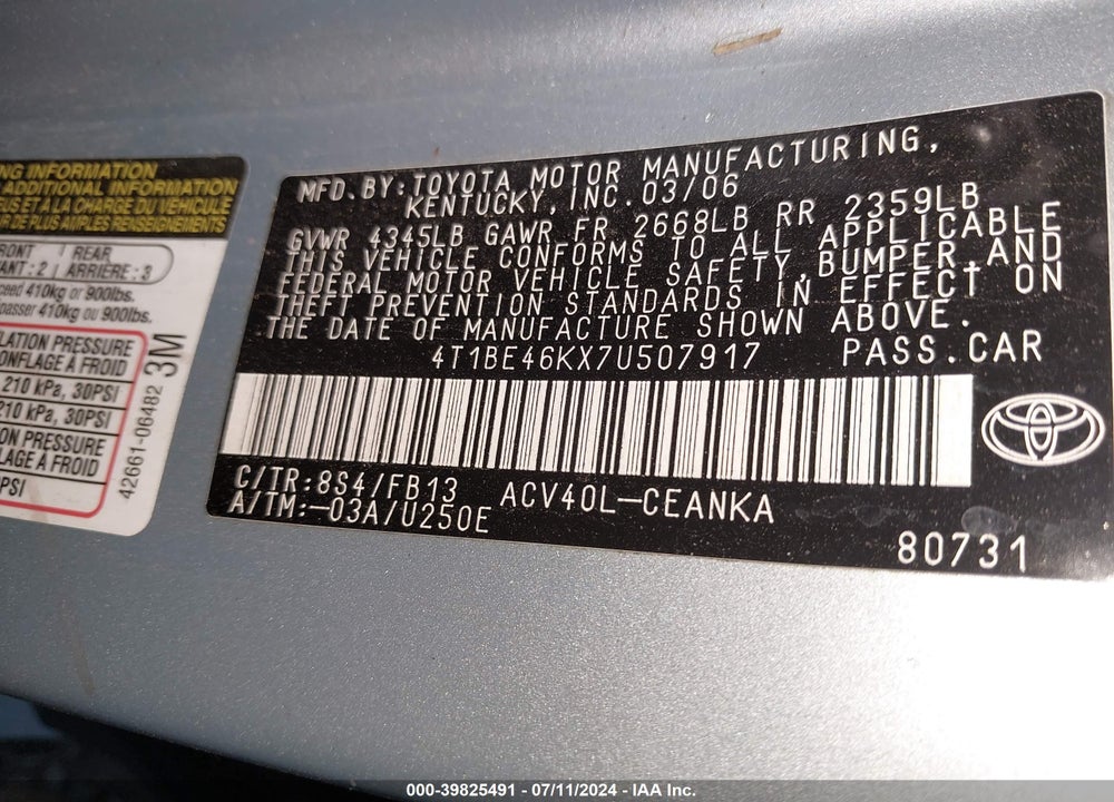 2007 TOYOTA CAMRY LE VIN: 4T1BE46KX7U507917