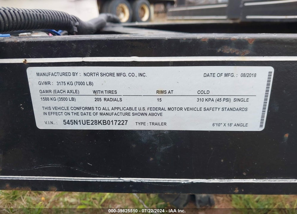 2018 NORTH SHORE TRAILER VIN: 545N1UE28KB017227