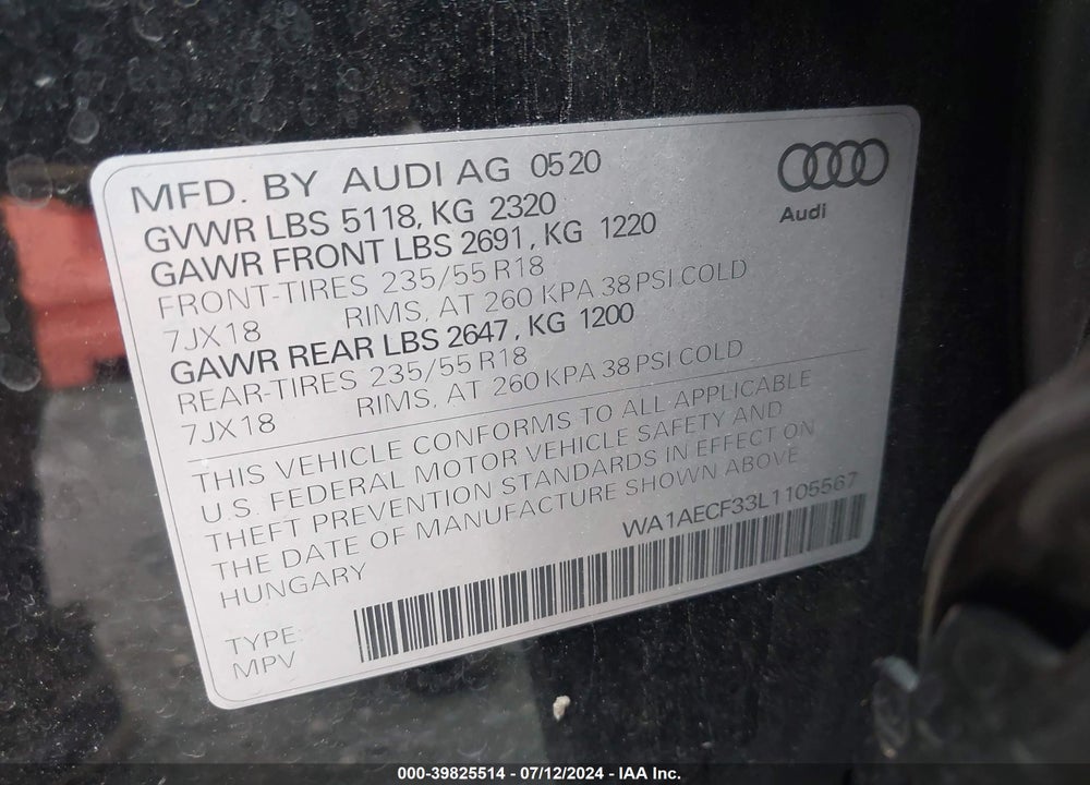 2020 AUDI Q3 PREMIUM 45 TFSI QUATTRO TIPTRONIC VIN: WA1AECF33L1105567