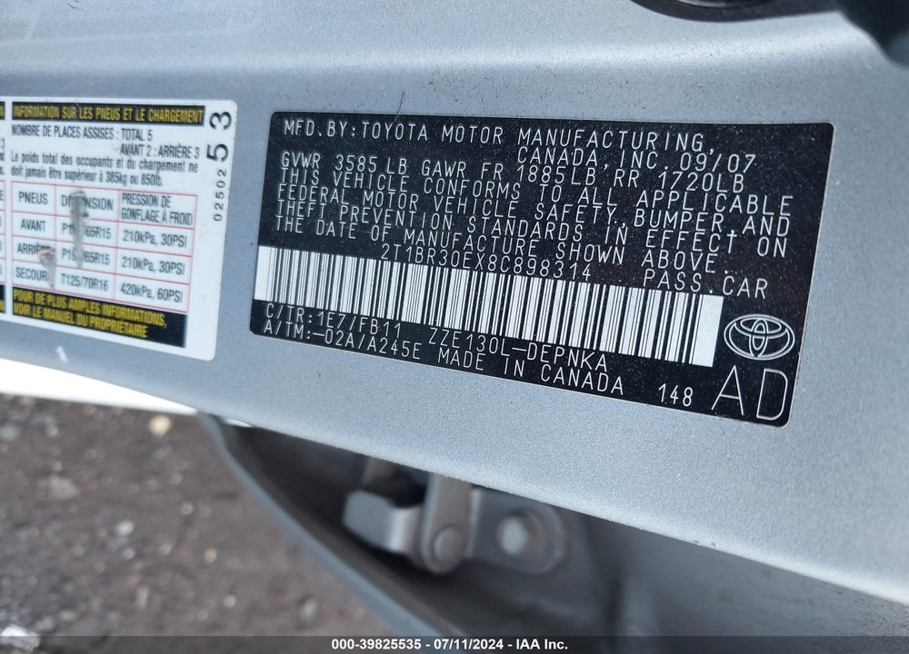 2008 TOYOTA COROLLA LE VIN: 2T1BR30EX8C898314