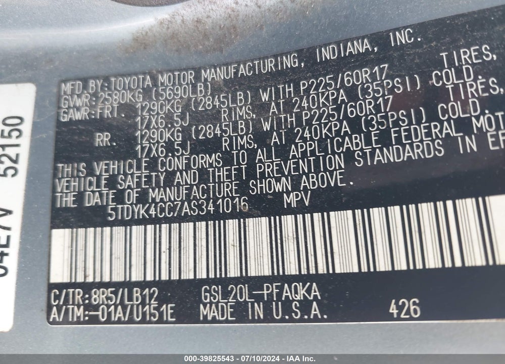 2010 TOYOTA SIENNA XLE VIN: 5TDYK4CC7AS341016