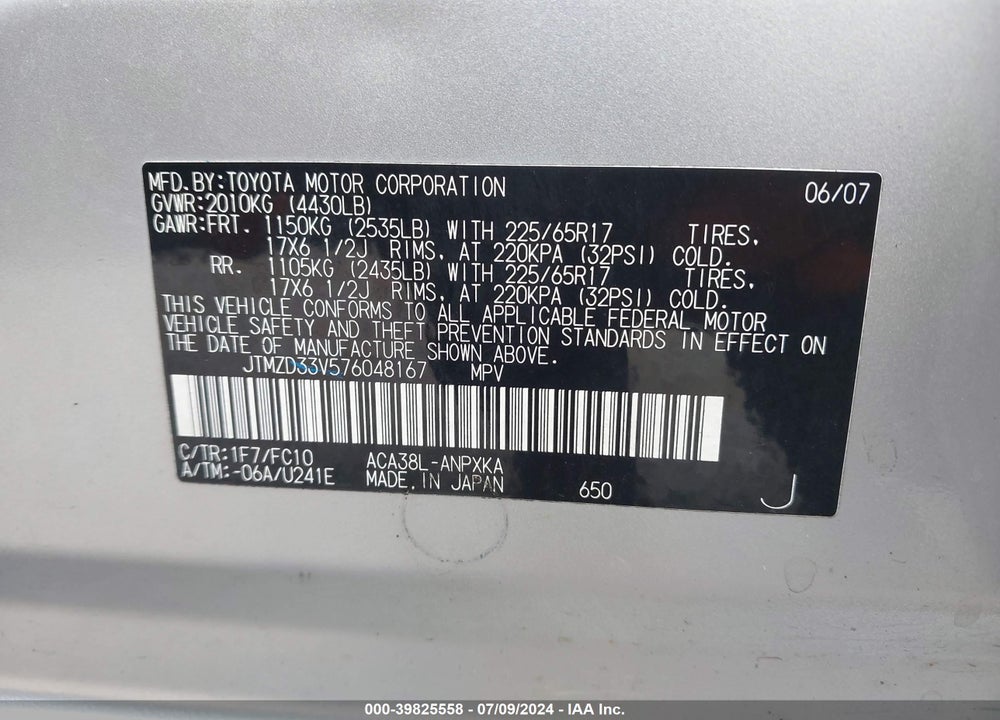 2007 TOYOTA RAV4 VIN: JTMZD33V576048167