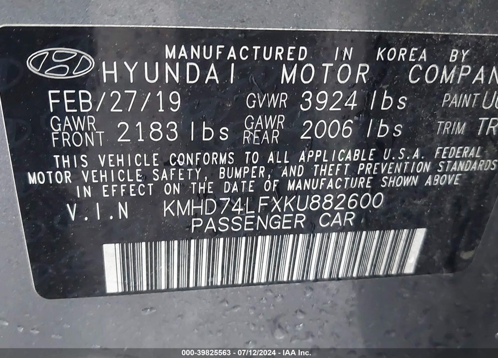 2019 HYUNDAI ELANTRA SE VIN: KMHD74LFXKU882600