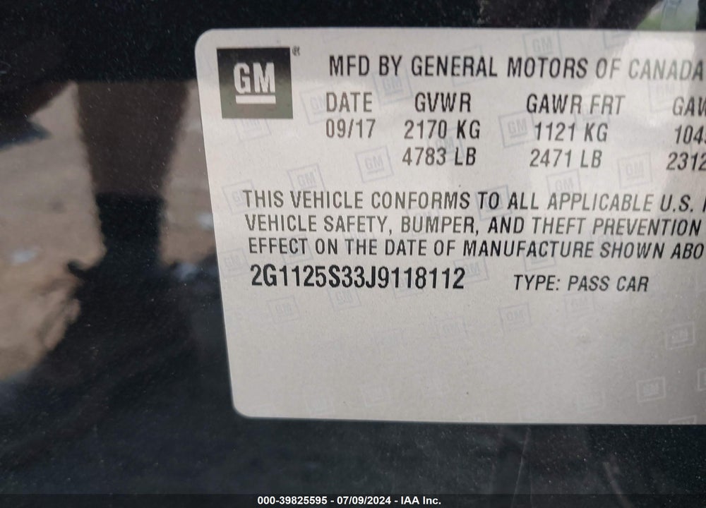 2018 CHEVROLET IMPALA 2LZ VIN: 2G1125S33J9118112