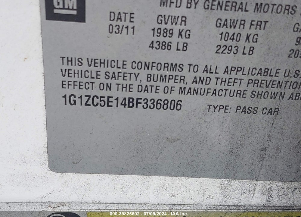 2011 CHEVROLET MALIBU 1LT VIN: 1G1ZC5E14BF336806