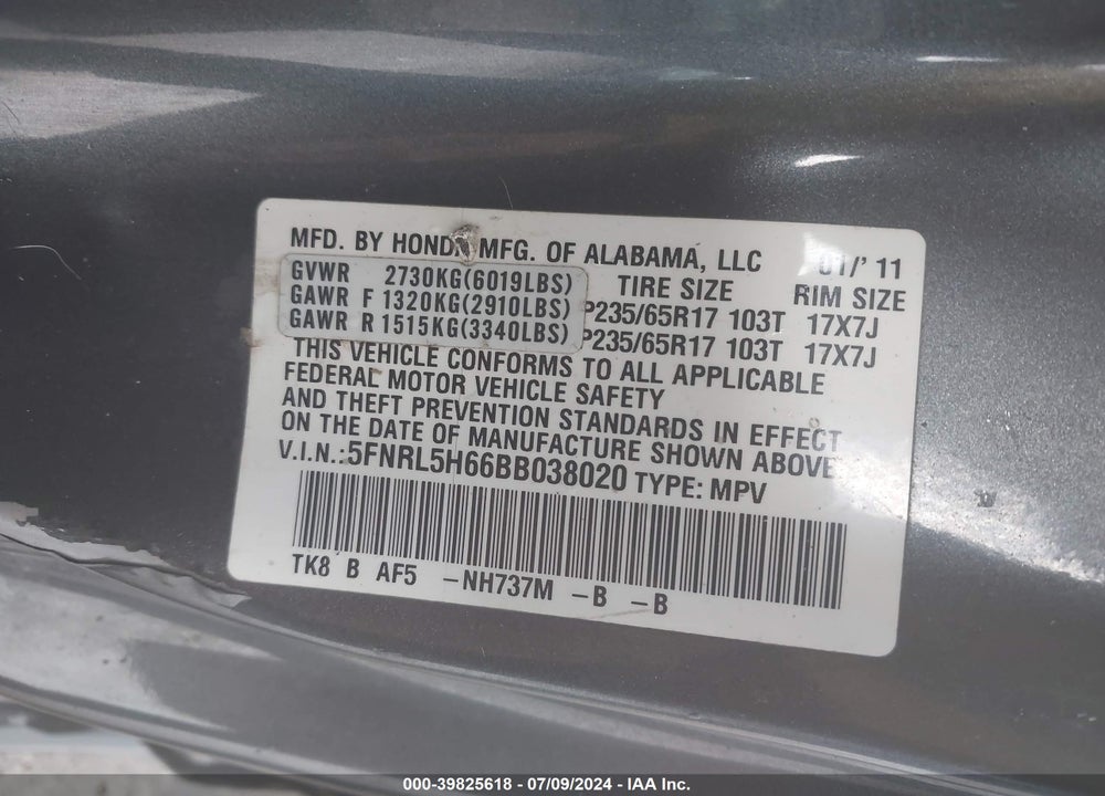 2011 HONDA ODYSSEY EX-L VIN: 5FNRL5H66BB038020