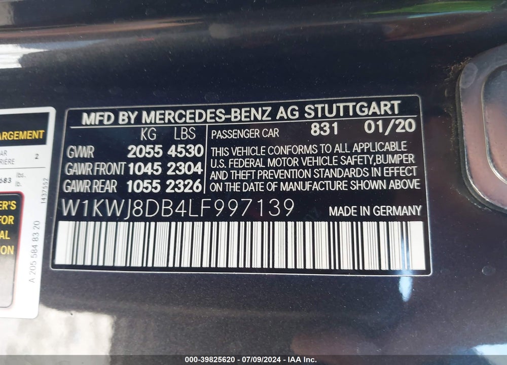 2020 MERCEDES-BENZ C 300 VIN: W1KWJ8DB4LF997139