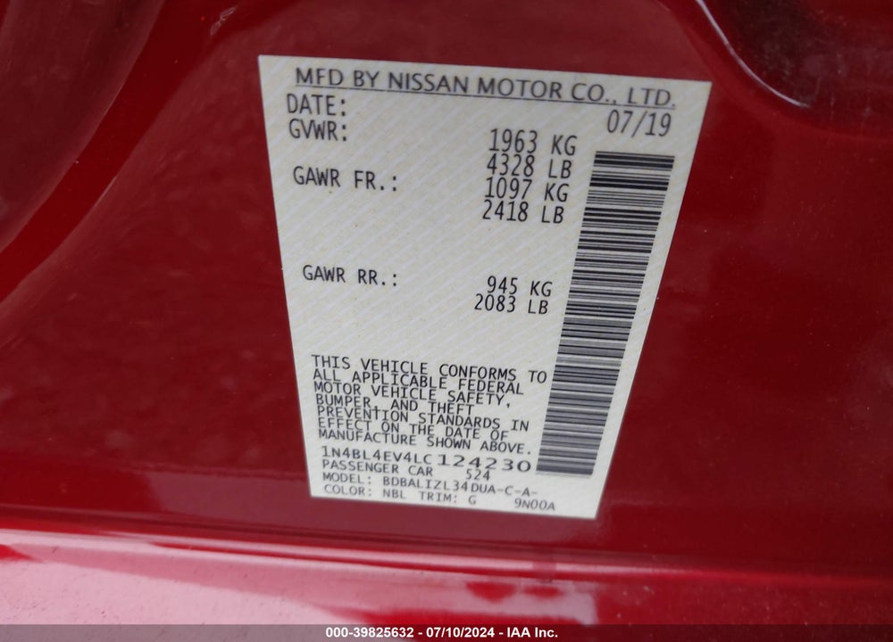 2020 NISSAN ALTIMA SL FWD VIN: 1N4BL4EV4LC124230