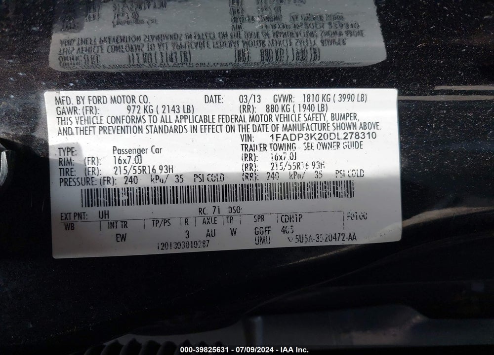 2013 FORD FOCUS SE VIN: 1FADP3K20DL278310
