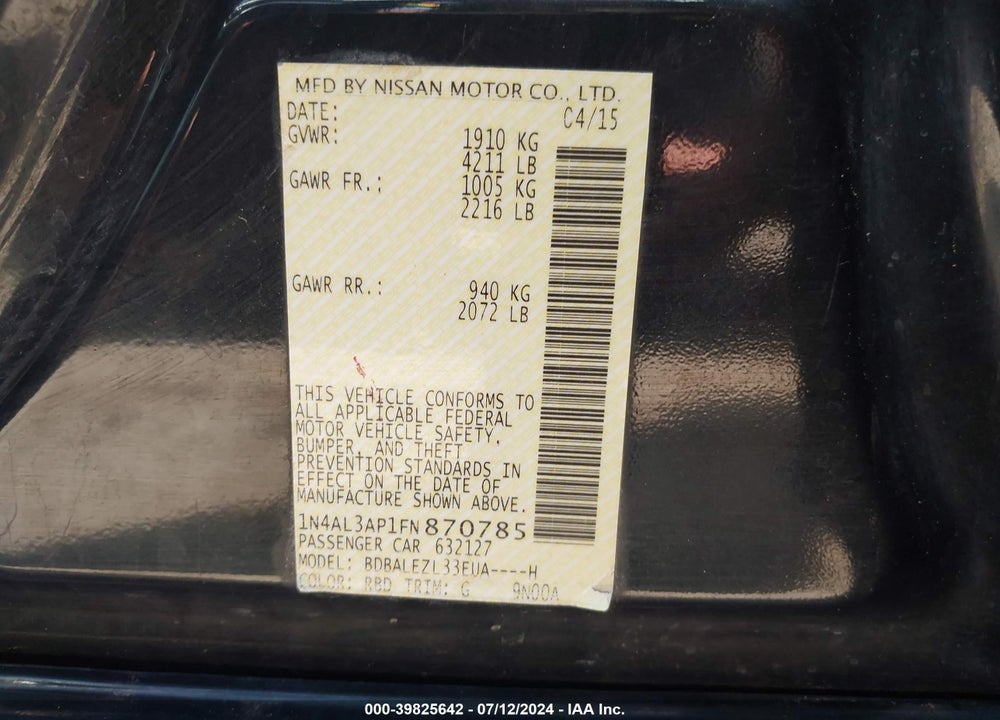 2015 NISSAN ALTIMA 2.5 S VIN: 1N4AL3AP1FN870785