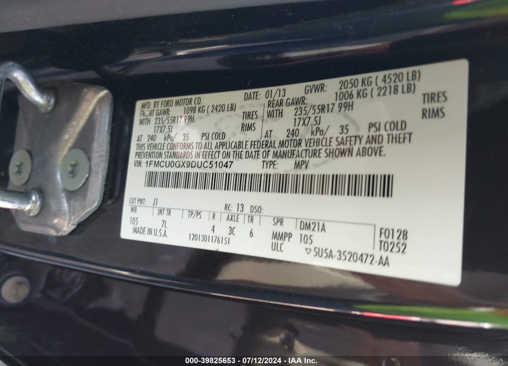 2013 FORD ESCAPE SE VIN: 1FMCU0GX9DUC51047