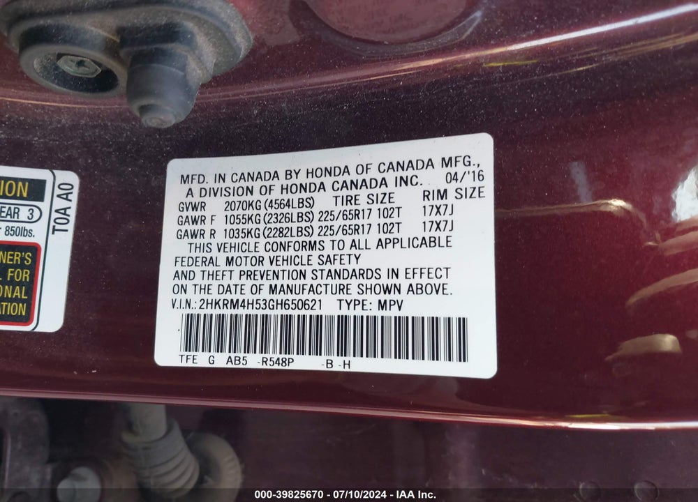 2016 HONDA CR-V EX VIN: 2HKRM4H53GH650621