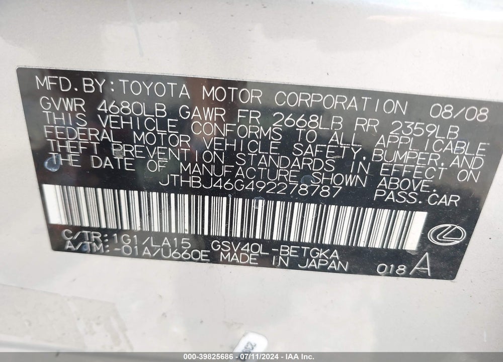 2009 LEXUS ES 350 VIN: JTHBJ46G492278787