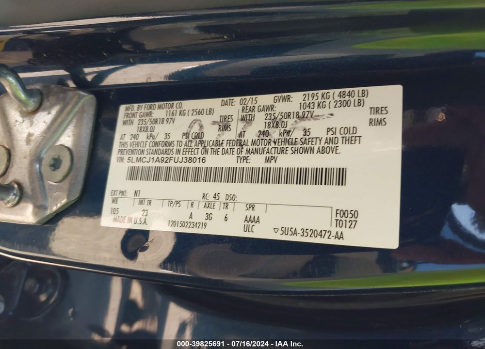 2015 LINCOLN MKC VIN: 5LMCJ1A92FUJ38016