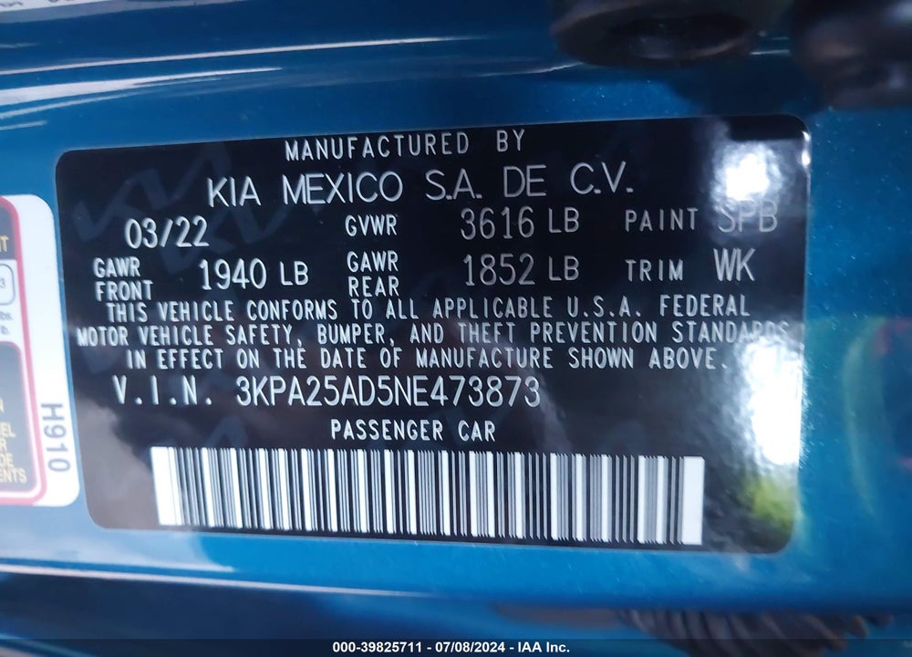 2022 KIA RIO 5-DOOR S VIN: 3KPA25AD5NE473873