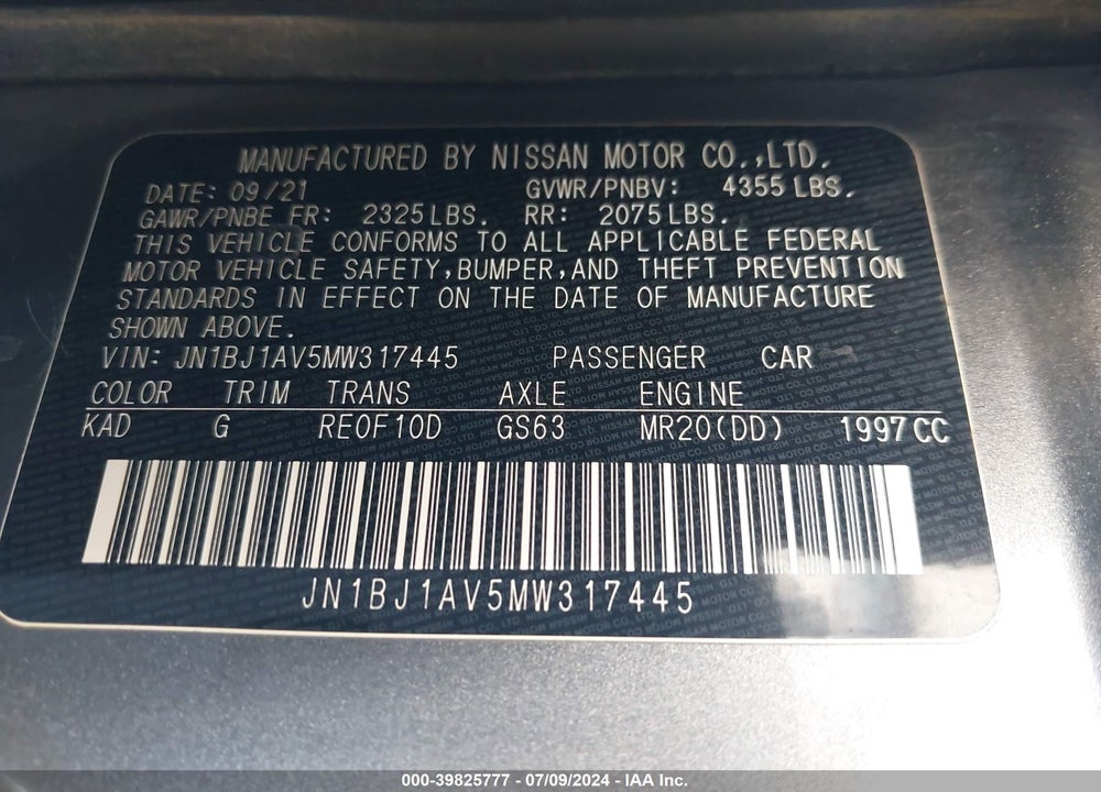 2021 NISSAN ROGUE SPORT S FWD XTRONIC CVT VIN: JN1BJ1AV5MW317445