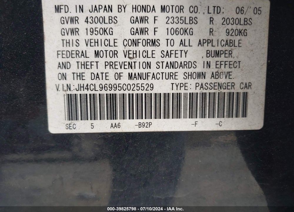2005 ACURA TSX VIN: JH4CL96995C025529