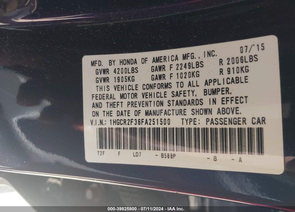 2015 HONDA ACCORD LX VIN: 1HGCR2F36FA251500
