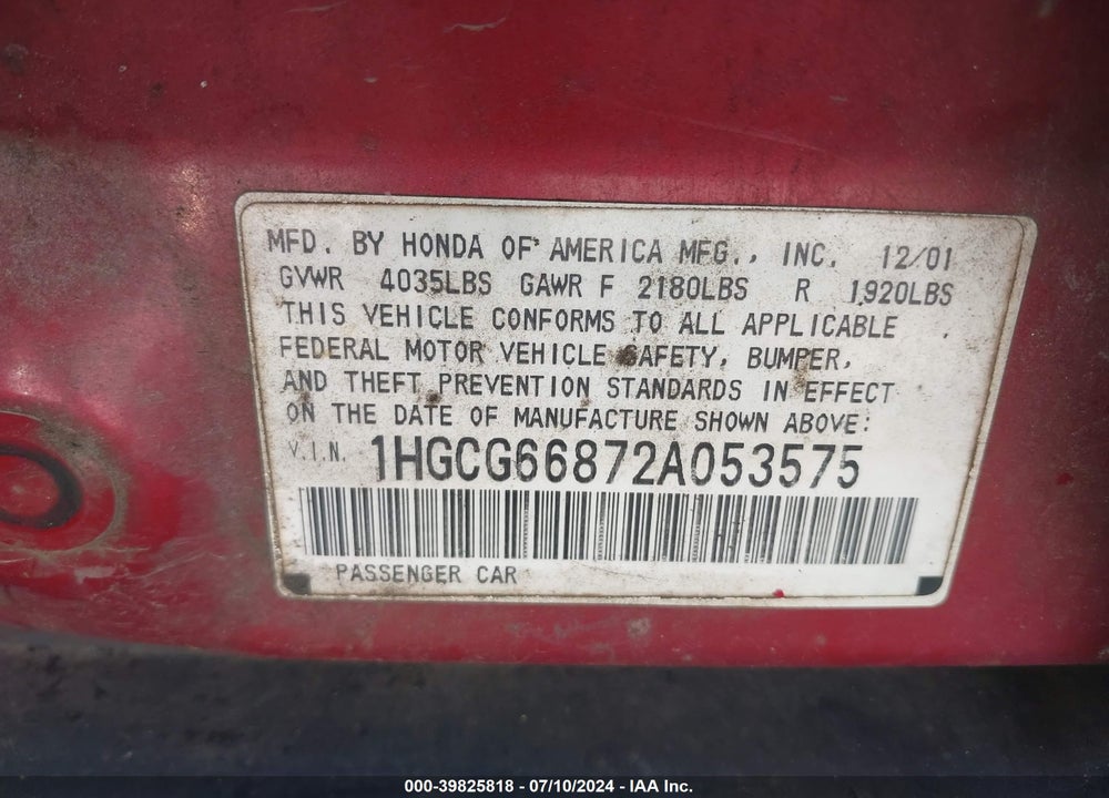 2002 HONDA ACCORD 2.3 EX/2.3 SE VIN: 1HGCG66872A053575