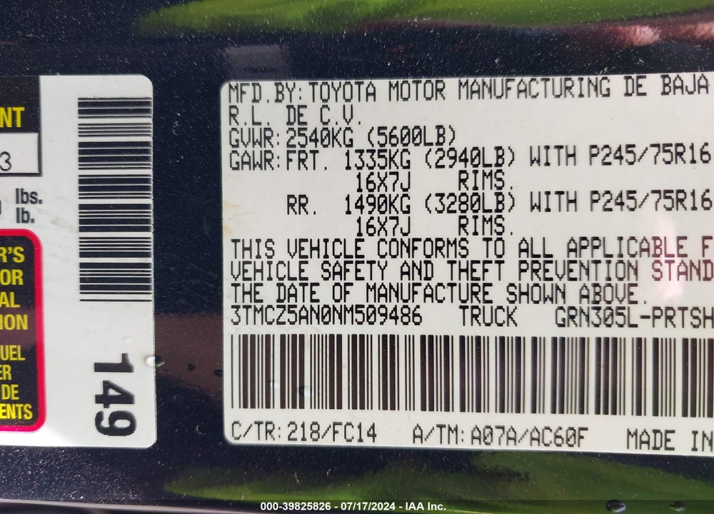 2022 TOYOTA TACOMA SR5 V6 VIN: 3TMCZ5AN0NM509486