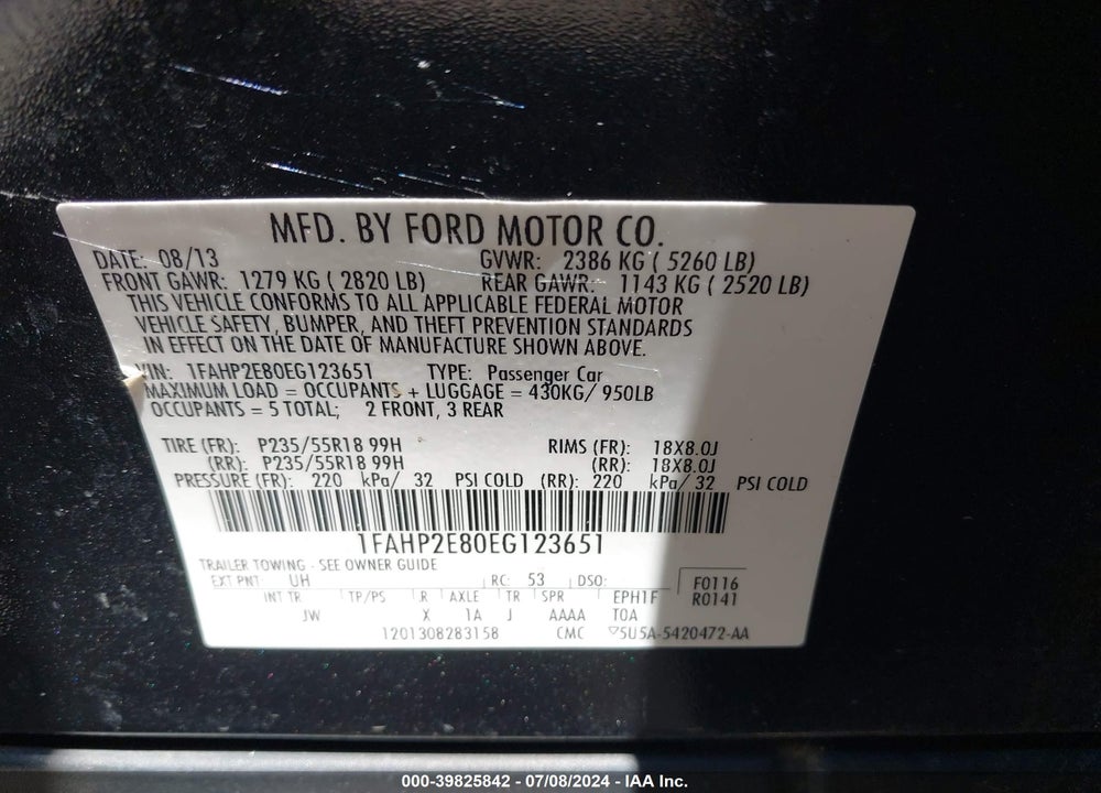 2014 FORD TAURUS SEL VIN: 1FAHP2E80EG123651