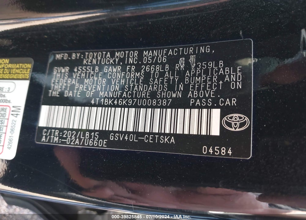 2007 TOYOTA CAMRY SE V6 VIN: 4T1BK46K97U008387