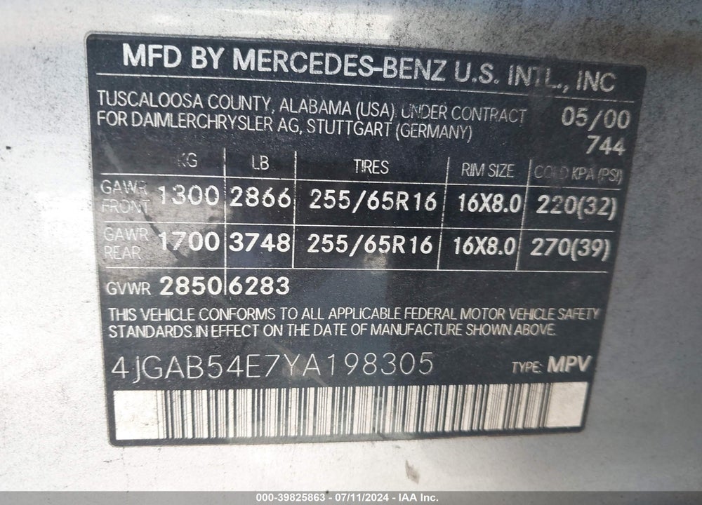 2000 MERCEDES-BENZ ML 320 VIN: 4JGAB54E7YA198305