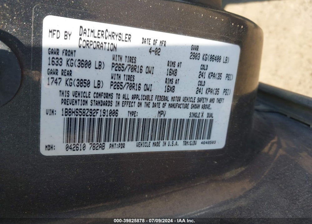 2002 DODGE DURANGO SLT PLUS VIN: 1B8HS58Z92F191006