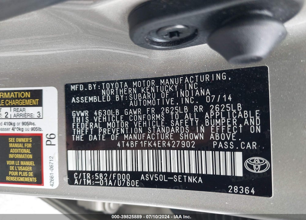 2014 TOYOTA CAMRY LE VIN: 4T4BF1FK4ER427902
