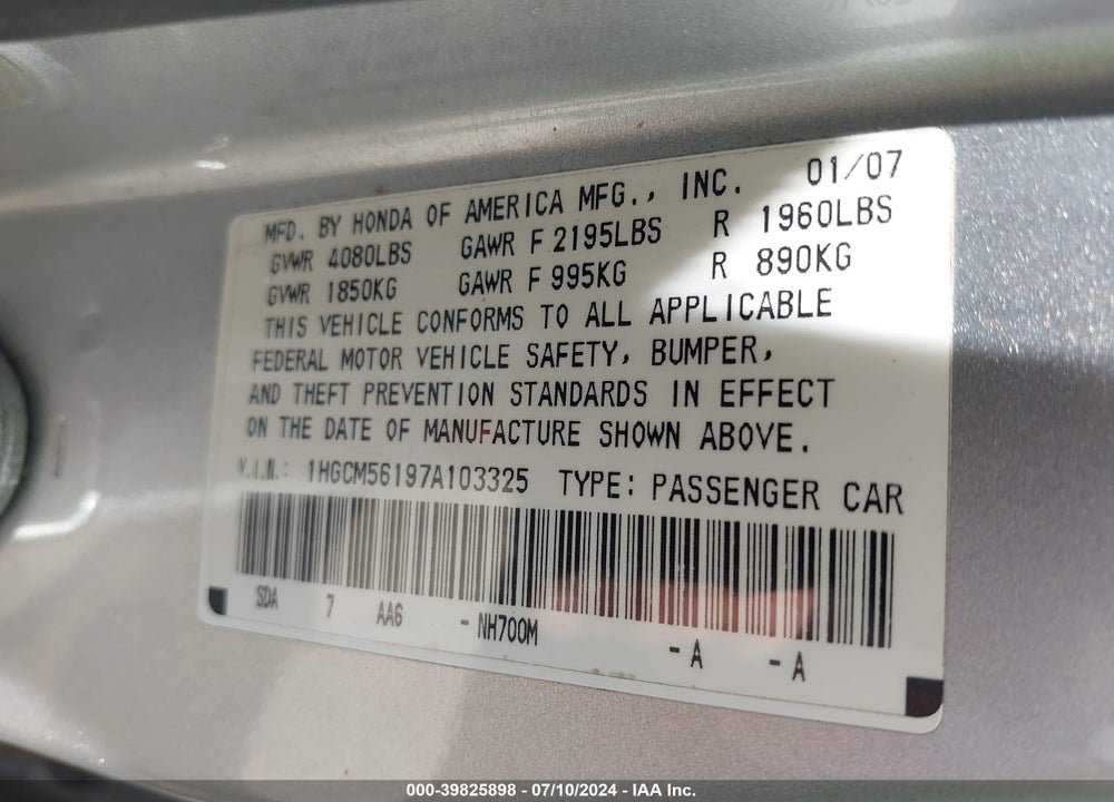 2007 HONDA ACCORD 2.4 VP VIN: 1HGCM56197A103325