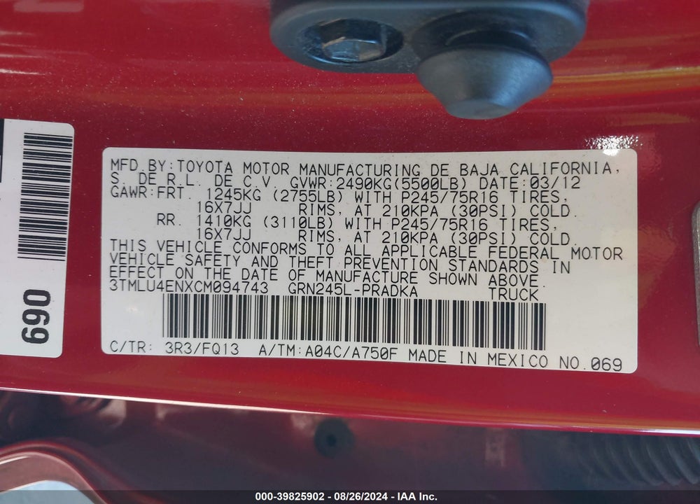 2012 TOYOTA TACOMA BASE V6 VIN: 3TMLU4ENXCM094743