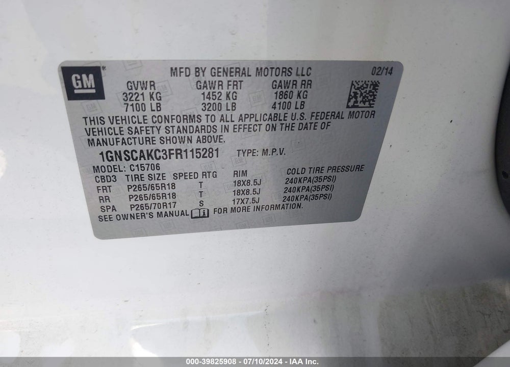2015 CHEVROLET TAHOE LS VIN: 1GNSCAKC3FR115281