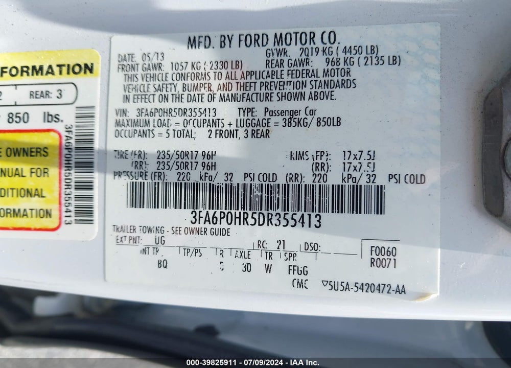 2013 FORD FUSION SE VIN: 3FA6P0HR5DR355413